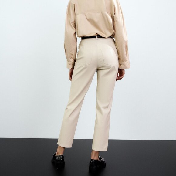 NEW Zara Women's FAUX LEATHER MOM FIT TROUSERS Ecru - Picture 5 of 11